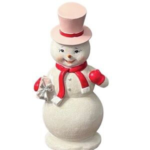 🆕- Peppermint Square- Retro Glitter Snowman with Pink Top Hat. 11.5”